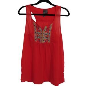 Fun & Flirt Womens Sz M Red Orange Sleeveless Racerback Embroidered Front Top